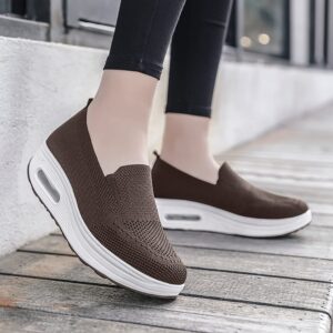 peculoon Women's Summer Platrform Walking Shoes Casual Slip On Sneakers Air Cushion Wedge Loafers Light Weight Nursing Shoes (Coffee, Numeric_4_Point_5)