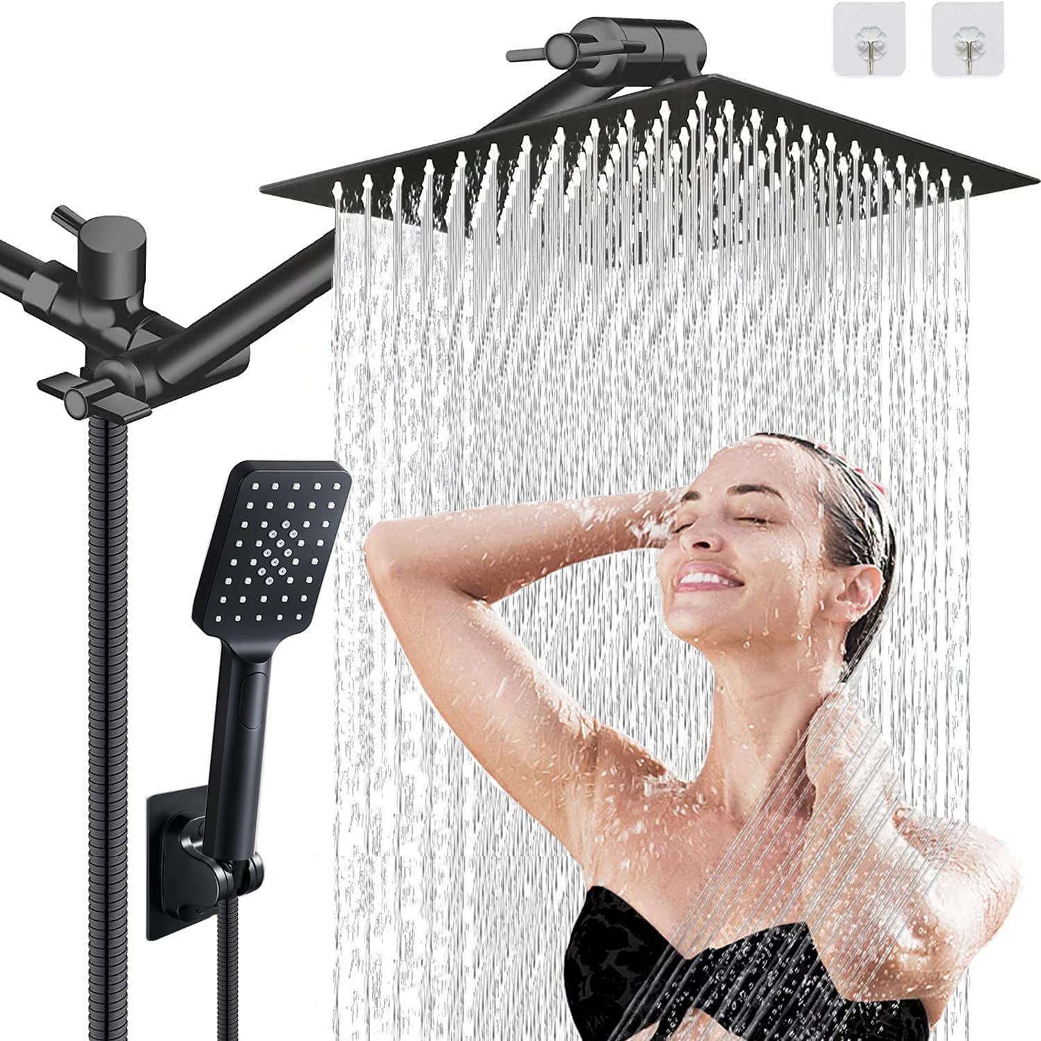 Shower Head, 10'' High Pressure Rainfall Shower Head with 3 Settings Handheld Shower Combo with 11''Extension Arm, Anti-leak Square Rain Shower Head with 78'' Hose/Holder(Matt Black Shower Heads)