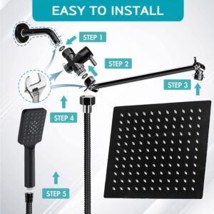 Shower Head, 10'' High Pressure Rainfall Shower Head with 3 Settings Handheld Shower Combo with 11''Extension Arm, Anti-leak Square Rain Shower Head with 78'' Hose/Holder(Matt Black Shower Heads)