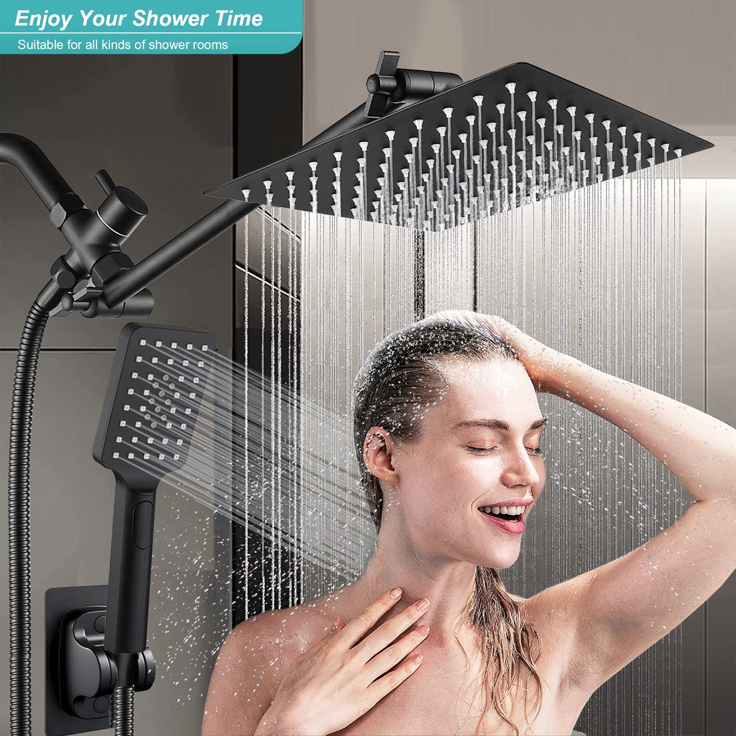 Shower Head, 10'' High Pressure Rainfall Shower Head with 3 Settings Handheld Shower Combo with 11''Extension Arm, Anti-leak Square Rain Shower Head with 78'' Hose/Holder(Matt Black Shower Heads)