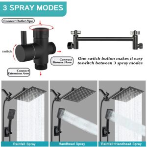 Shower Head, 10'' High Pressure Rainfall Shower Head with 3 Settings Handheld Shower Combo with 11''Extension Arm, Anti-leak Square Rain Shower Head with 78'' Hose/Holder(Matt Black Shower Heads)