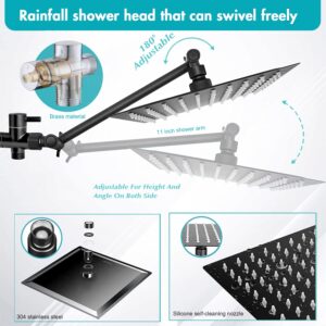 Shower Head, 10'' High Pressure Rainfall Shower Head with 3 Settings Handheld Shower Combo with 11''Extension Arm, Anti-leak Square Rain Shower Head with 78'' Hose/Holder(Matt Black Shower Heads)