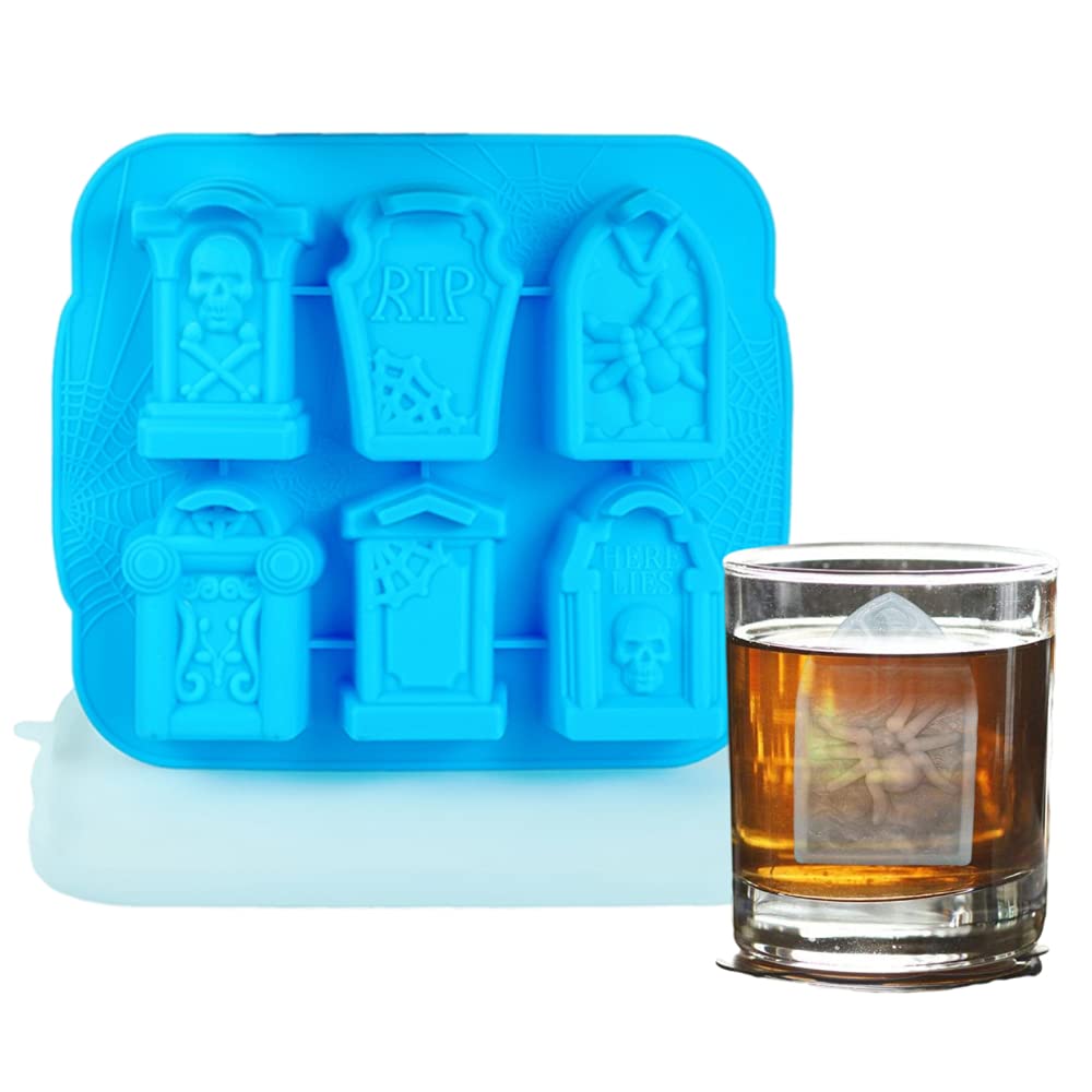 6 Grid 3D Tombstone Silicone Mold Halloween Skull Spider Gravestone RIP Mould Candy Fondant Mousse Cake Chocolate Popsicle Dessert Soap Wax Mold Ice Cube Trays