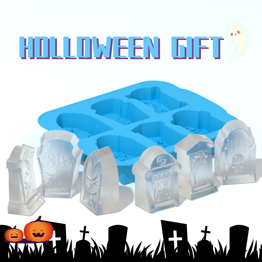 6 Grid 3D Tombstone Silicone Mold Halloween Skull Spider Gravestone RIP Mould Candy Fondant Mousse Cake Chocolate Popsicle Dessert Soap Wax Mold Ice Cube Trays