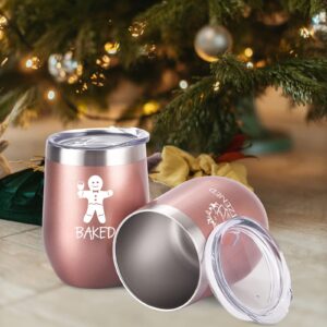 Qtencas Christmas Funny Wine Tumbler Set, 12 Oz Stainless Steel Wine Tumbler with Spoon for Women Friends Sisters Men, Gift Idea for Christmas Xmas Wedding Party, 4 Pack, Rose Gold