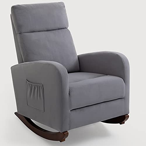 AVAWING Home Rocking Chair, Mid Century Glider Chair Upholstered Frosted Velvet High Back Arm Chair Nursery Rocking Chairs with Solid Legs and Side Pockets (Gray)