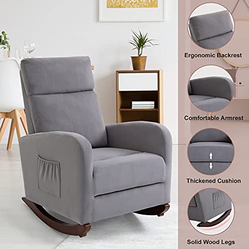 AVAWING Home Rocking Chair, Mid Century Glider Chair Upholstered Frosted Velvet High Back Arm Chair Nursery Rocking Chairs with Solid Legs and Side Pockets (Gray)