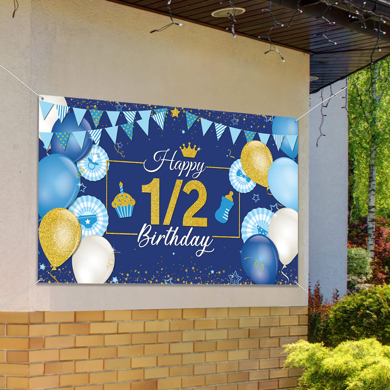 1/2 Birthday Decoration Backdrop Blue and Gold Half Birthday Banner 6 Months Happy Birthday Background Half Birthday Party Supplies Photo Booth Props for Photography (3.6 x 6 Feet)