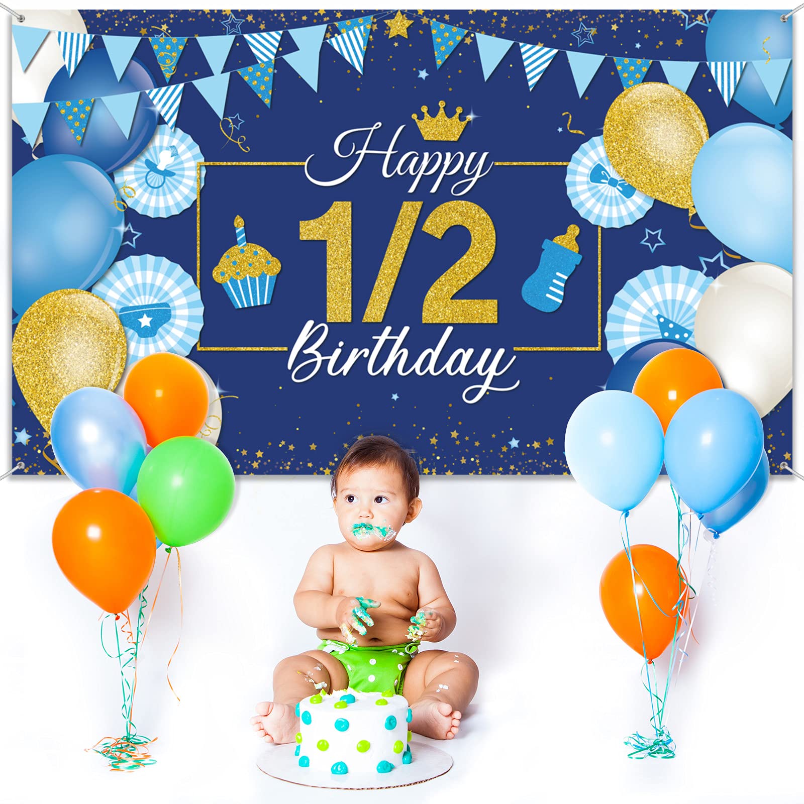 1/2 Birthday Decoration Backdrop Blue and Gold Half Birthday Banner 6 Months Happy Birthday Background Half Birthday Party Supplies Photo Booth Props for Photography (3.6 x 6 Feet)