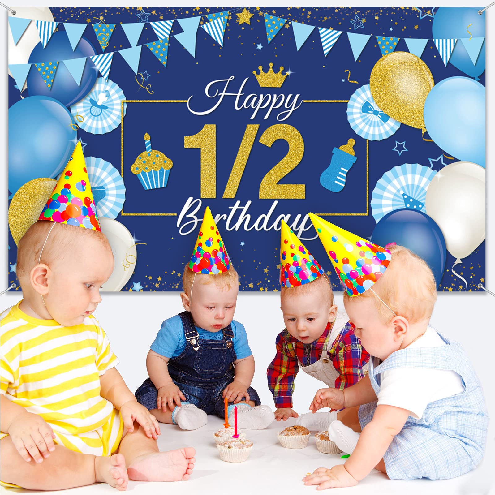 1/2 Birthday Decoration Backdrop Blue and Gold Half Birthday Banner 6 Months Happy Birthday Background Half Birthday Party Supplies Photo Booth Props for Photography (3.6 x 6 Feet)