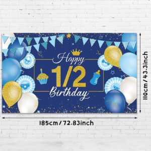 1/2 Birthday Decoration Backdrop Blue and Gold Half Birthday Banner 6 Months Happy Birthday Background Half Birthday Party Supplies Photo Booth Props for Photography (3.6 x 6 Feet)