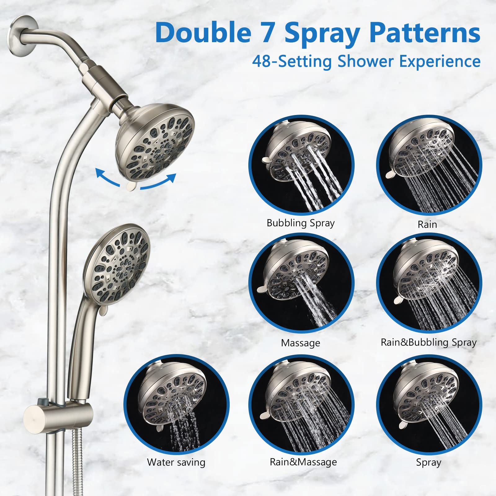 UCLIMAA High Pressure 48-Settings Shower Head with Handheld Shower,Drill-Free 3-Way Diverter for Easy Reach,Adjustable Height Slide Bar Dual Shower Head Combo Set - Brushed Nickel