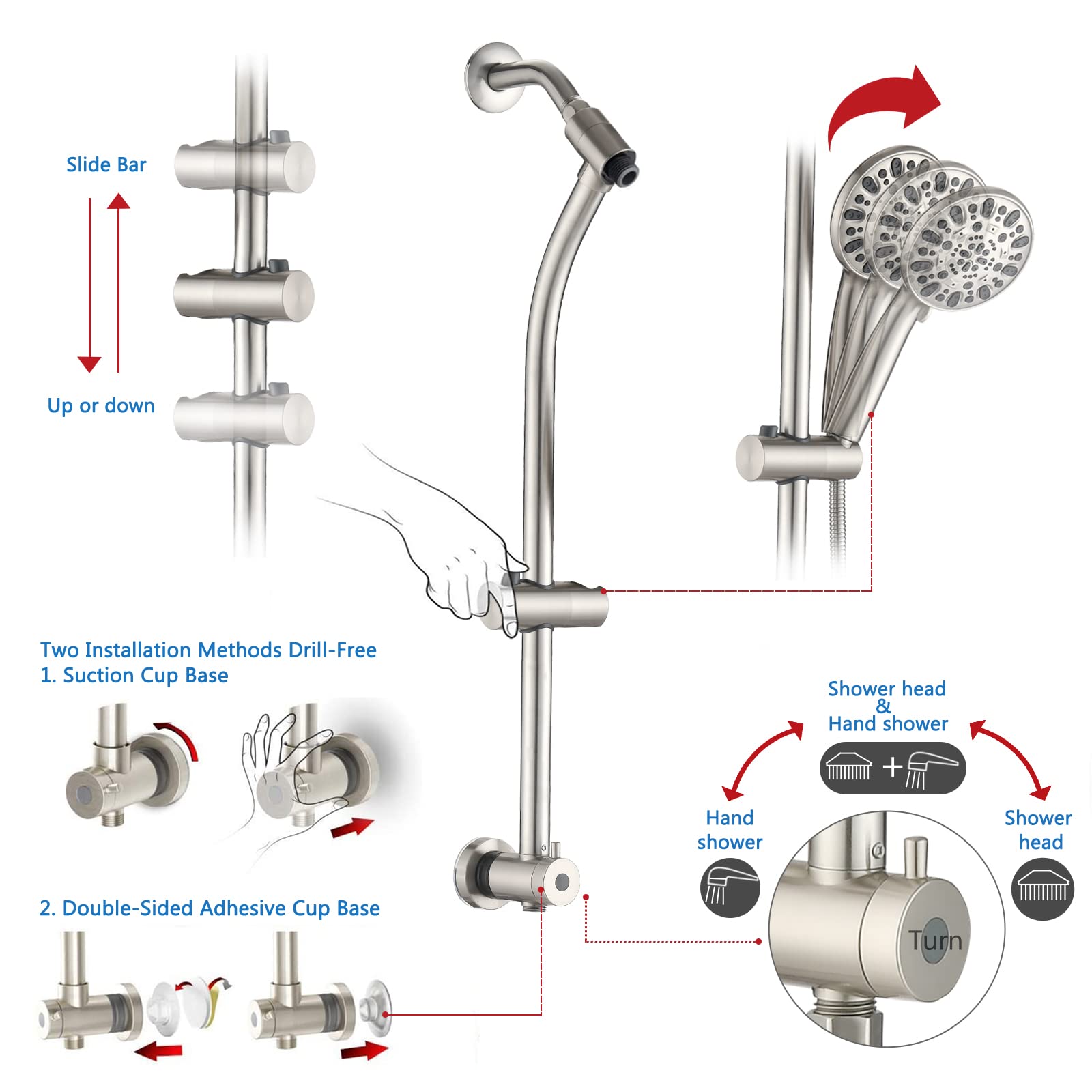 UCLIMAA High Pressure 48-Settings Shower Head with Handheld Shower,Drill-Free 3-Way Diverter for Easy Reach,Adjustable Height Slide Bar Dual Shower Head Combo Set - Brushed Nickel