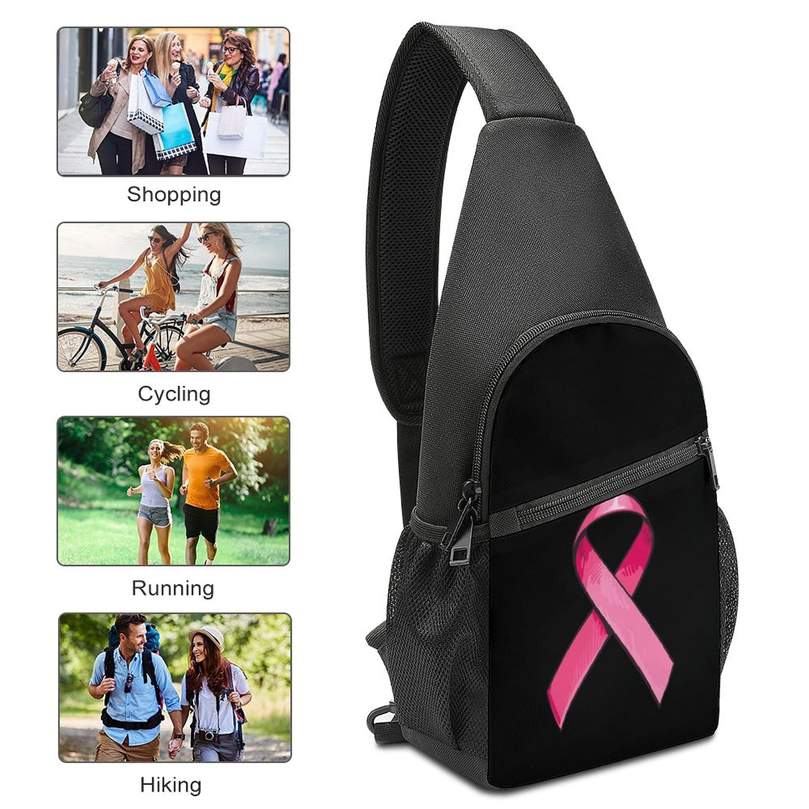 Pink Satin Ribbon Breast Cancer Sling Bag Crossbody Backpack Shoulder Chest Daypack For Travel Hiking