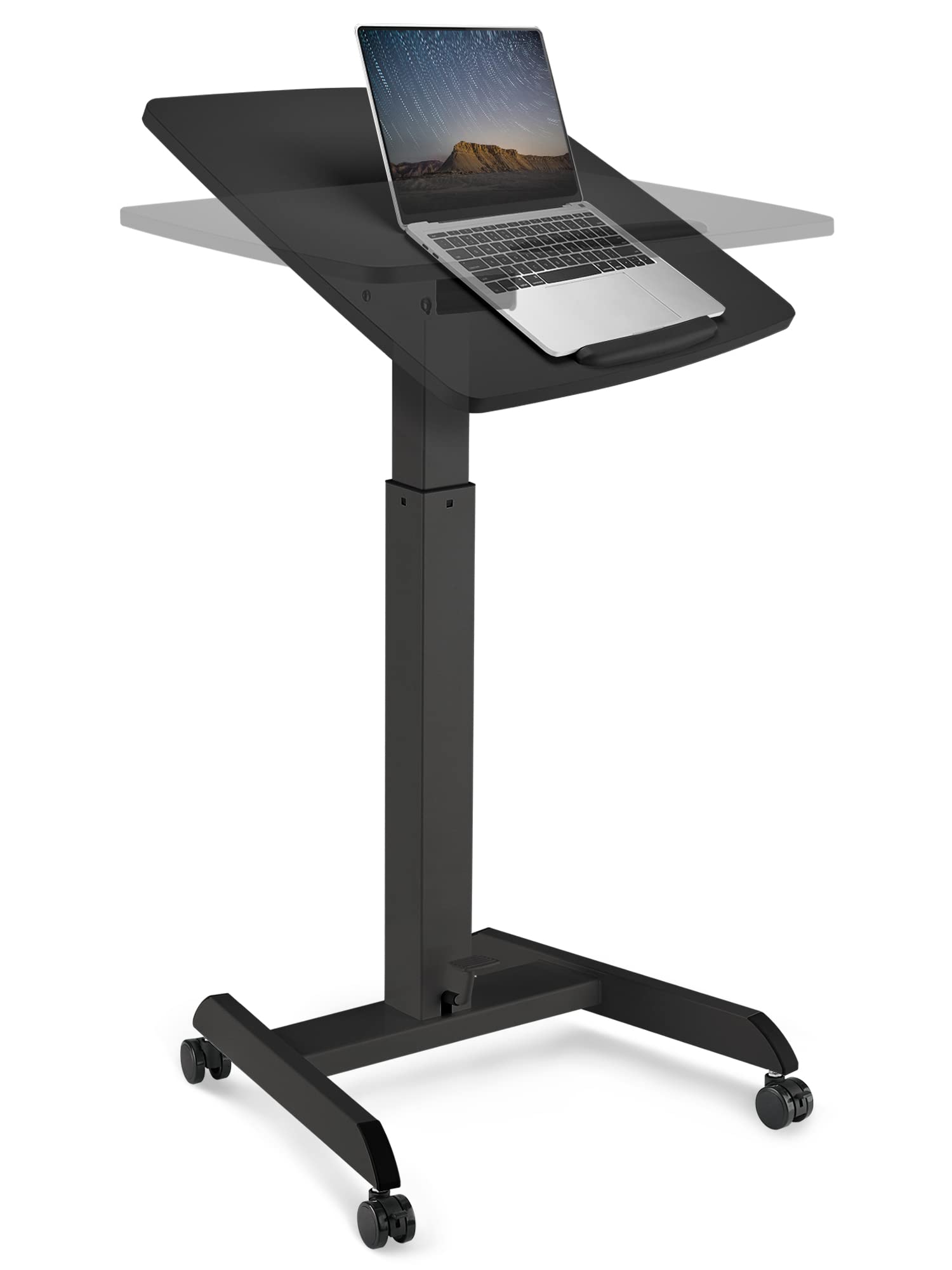 OCOMMO Mobile Podium - Pneumatic Standing Desk with 30 Degree Tilting Top, Adjustable Podium Stand, Lectern Portable with Wheels, Perfect for Lectures, Meetings, and Computer Use, Black