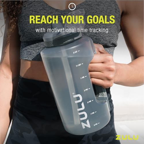 ZULU Goals 64oz Large Half Gallon Jug Water Bottle with Motivational Time Marker, Covered Straw Spout and Carrying Handle, Perfect for Gym, Home, and Sports, Grey