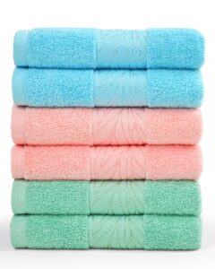 cleanbear soft hand towels - 100% cotton bath hand towel set, lightweight for quick dry (2 pack, 13 x 29 inches) (pink, blue and green)