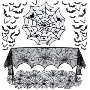 4 pack halloween decorations tablecloth runner black lace round spider cobweb table cover fireplace mantel scarf spiderweb with 60 pcs 3d pvc scary black bat sticker halloween party supplies