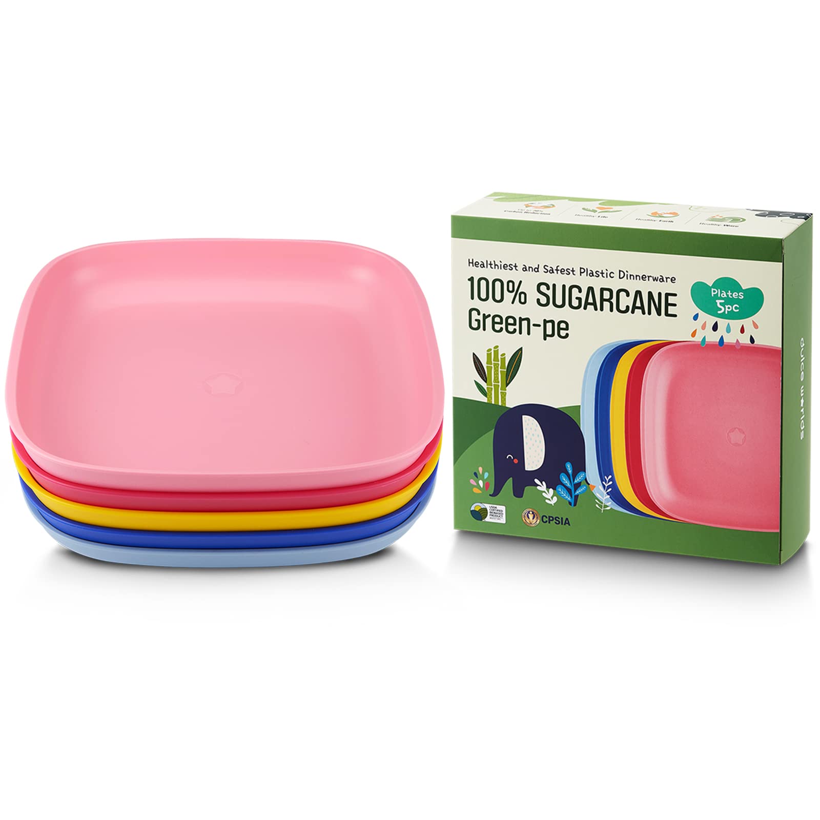 SUGARCANE Kids Plates 5Pack (7.9”) - Organic Dishes for Toddler to Big Kids - USDA Certified – Microwaves & Dishwasher Safe – BPA Free, Unbreakable, Reusable - Multi