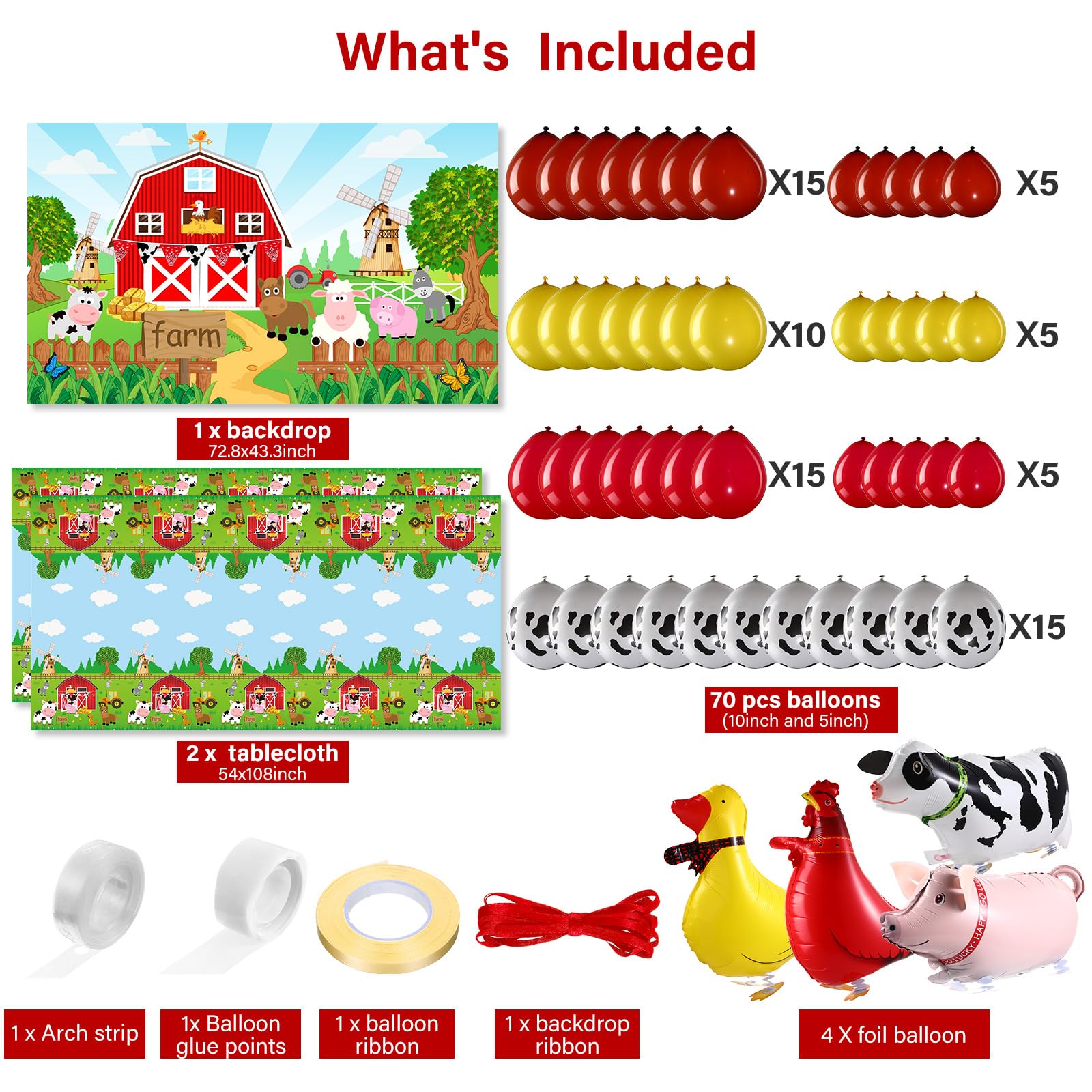 Farm Animals Theme Party Decorations Farm Barn Animals Backdrop Banner Farmhouse Animals Decor Party Tablecloth Balloon Arch Garland Kit for Birthday Photography Baby Shower Party Supplies (Red)