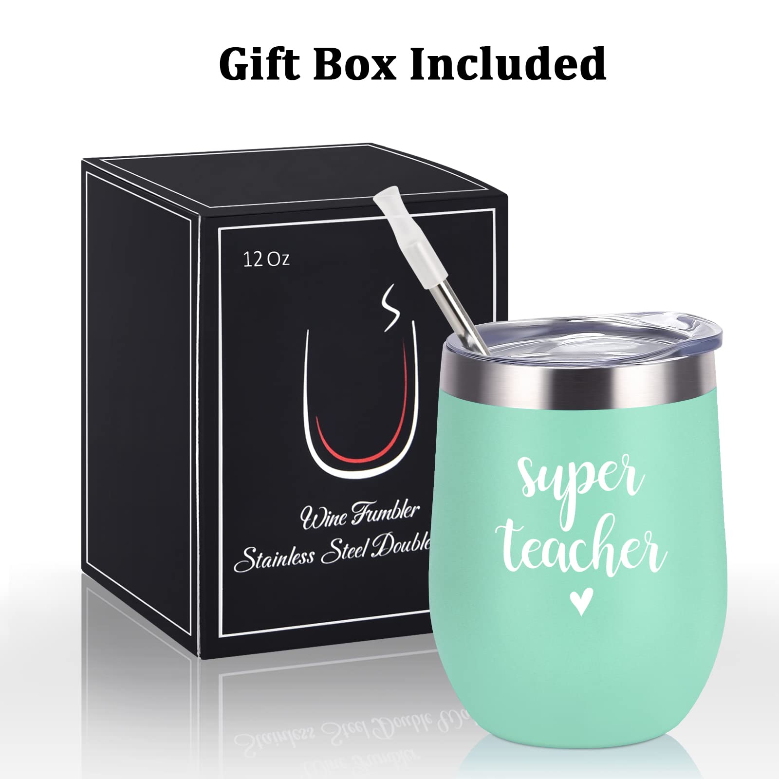 Super Teacher Stainless Steel Wine Tumbler, Christmas Birthday Appreciation Retirement Teacher’s Day Thank You Gifts for Teacher Tutor Professor Women, 12oz Insulated Wine Tumbler with Lid, Mint Green