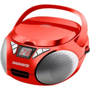 magnavox md6924 portable top loading cd boombox with am/fm stereo radio in black | cd-r/cd-rw compatible | led display | aux port supported | programmable cd player | (red)