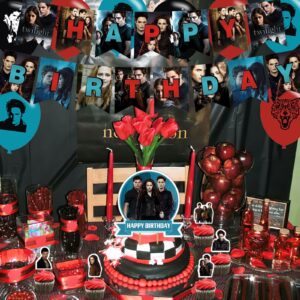 The Twilight Saga Theme Birthday Party Decorations,The Twilight Saga Party Supply Set for Kids with 1 Happy Birthday Banner , 12 Cupcake Toppers,50 Stickers ,18 Balloons for Party Decorations