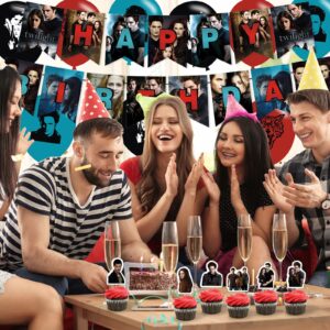 The Twilight Saga Theme Birthday Party Decorations,The Twilight Saga Party Supply Set for Kids with 1 Happy Birthday Banner , 12 Cupcake Toppers,50 Stickers ,18 Balloons for Party Decorations