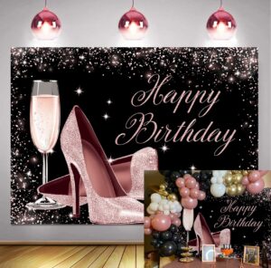 rose gold glitter happy birthday backdrop high heels champagne glass photography background for adult women birthday party decorations banner photo booth 7x5ft