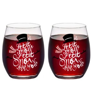 futtumy let it snow stemless wine glass set of 2, unique christmas wine glass for men women dad mom friend coworker family, wine gift for christmas new year, 15oz