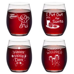 futtumy christmas themed stemless wine glass set of 4, funny wine gift for men women family friend coworker, christmas gift gag gift white elephant gift exchange gift, 15oz