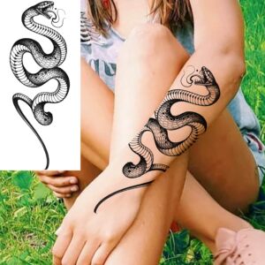 Goromon 10 Sheets Realistic Snake Temporary Tattoos For Women Men Forearm Arm Sexy 3D Tribal Cobra Mamba Viper Serpent Tattoos Temporary Adults Kids Fake Tattoos Sticker Black Sword Rose Flower Tatoos