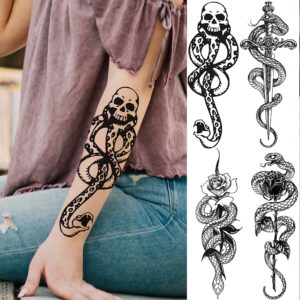 Goromon 10 Sheets Realistic Snake Temporary Tattoos For Women Men Forearm Arm Sexy 3D Tribal Cobra Mamba Viper Serpent Tattoos Temporary Adults Kids Fake Tattoos Sticker Black Sword Rose Flower Tatoos