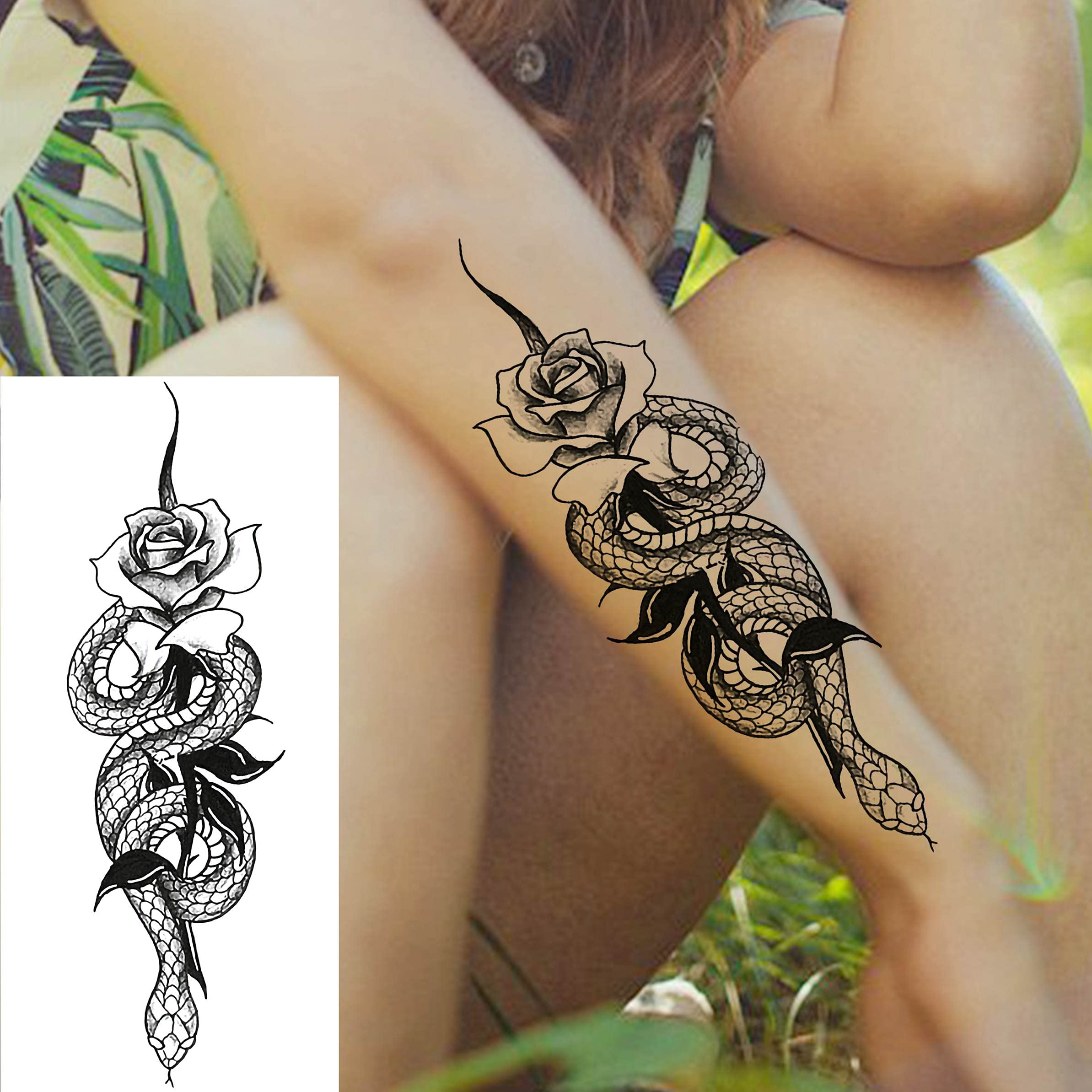 Goromon 10 Sheets Realistic Snake Temporary Tattoos For Women Men Forearm Arm Sexy 3D Tribal Cobra Mamba Viper Serpent Tattoos Temporary Adults Kids Fake Tattoos Sticker Black Sword Rose Flower Tatoos