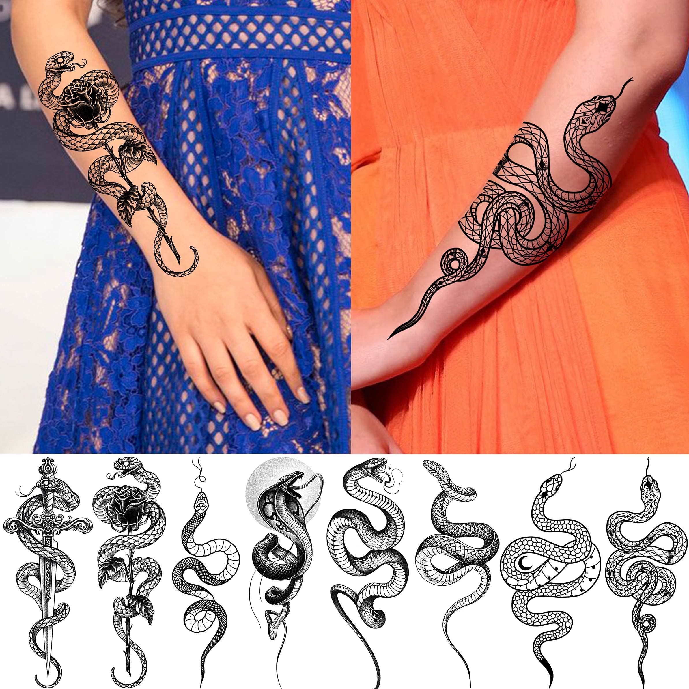 Goromon 10 Sheets Realistic Snake Temporary Tattoos For Women Men Forearm Arm Sexy 3D Tribal Cobra Mamba Viper Serpent Tattoos Temporary Adults Kids Fake Tattoos Sticker Black Sword Rose Flower Tatoos