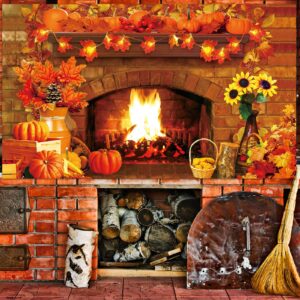 Fall Thanksgiving Decoration Thanksgiving Fireplace Backdrop Autumn Harvest Pumpkin Background Thanksgiving Day Maple Leaf Sunflower Banner for Thanksgiving Fall Birthday Party Photo Props Supplies