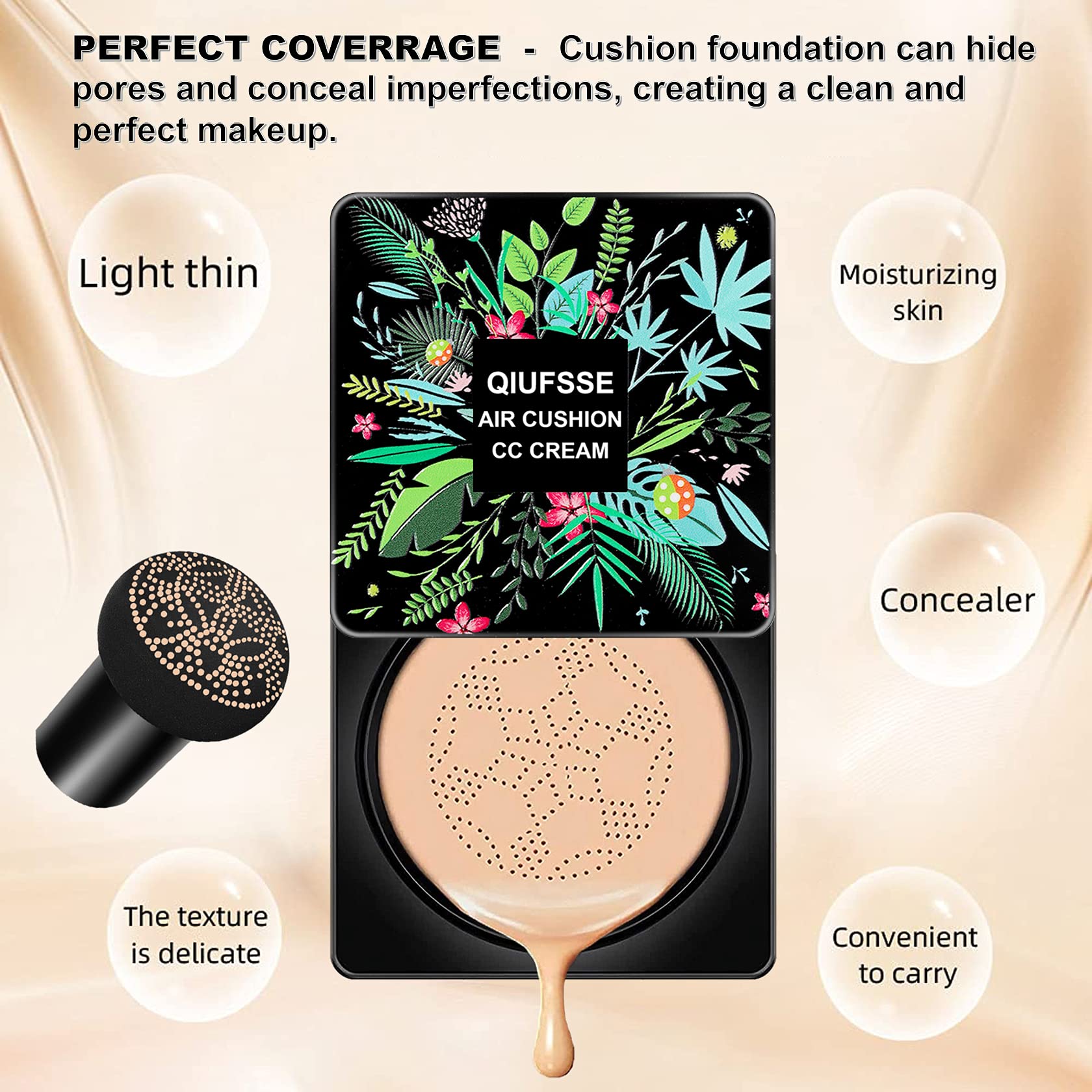 QIUFSSE Air Cushion CC Cream Mushroom Head Foundation Air Cushion BB Cream Concealer Moisturizing Brighten Makeup Long Lasting Waterproof-Natural