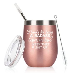 sister in law gifts, a badass sister in law wine tumbler, christmas birthday wedding gifts for sister in law women from bride, 12 oz stainless steel insulated wine tumbler with lid, rose gold