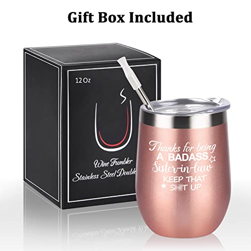 Sister in Law Gifts, A BADASS Sister in Law Wine Tumbler, Christmas Birthday Wedding Gifts for Sister in Law Women from Bride, 12 Oz Stainless Steel Insulated Wine Tumbler with Lid, Rose Gold