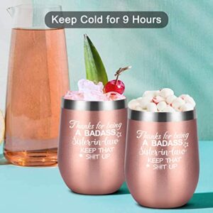 Sister in Law Gifts, A BADASS Sister in Law Wine Tumbler, Christmas Birthday Wedding Gifts for Sister in Law Women from Bride, 12 Oz Stainless Steel Insulated Wine Tumbler with Lid, Rose Gold
