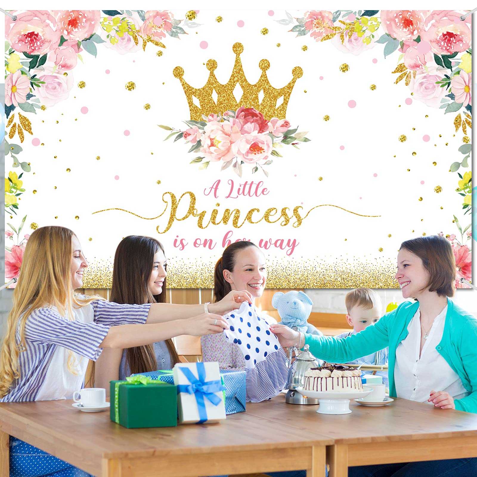 Baby Shower Backdrop Little Princess Baby Shower Party Decorations for Girls Pink Flower Baby Shower Banner Gold Crown Glitter Baby Shower Photography Background Cake Table Decor Photo Booth Props