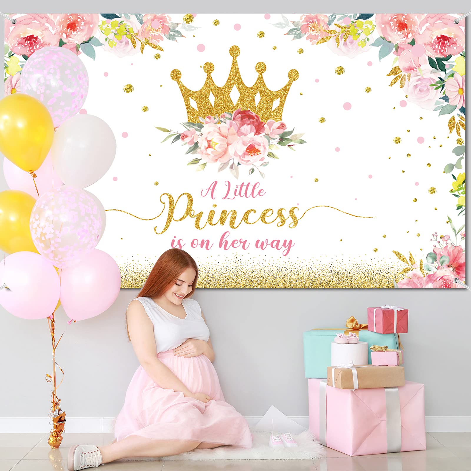 Baby Shower Backdrop Little Princess Baby Shower Party Decorations for Girls Pink Flower Baby Shower Banner Gold Crown Glitter Baby Shower Photography Background Cake Table Decor Photo Booth Props