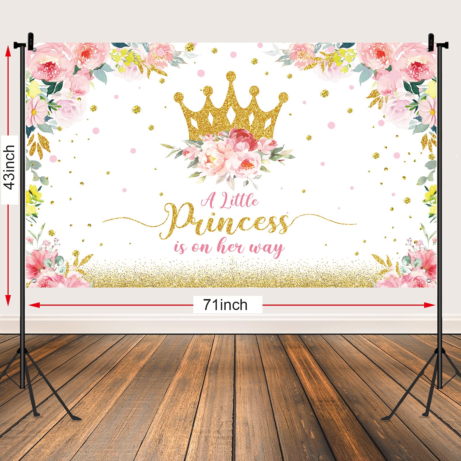 Baby Shower Backdrop Little Princess Baby Shower Party Decorations for Girls Pink Flower Baby Shower Banner Gold Crown Glitter Baby Shower Photography Background Cake Table Decor Photo Booth Props