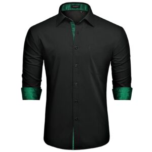 hisdern mens black dress shirts long sleeve button down shirt inner contrast green plaid formal business tuxedo shirt