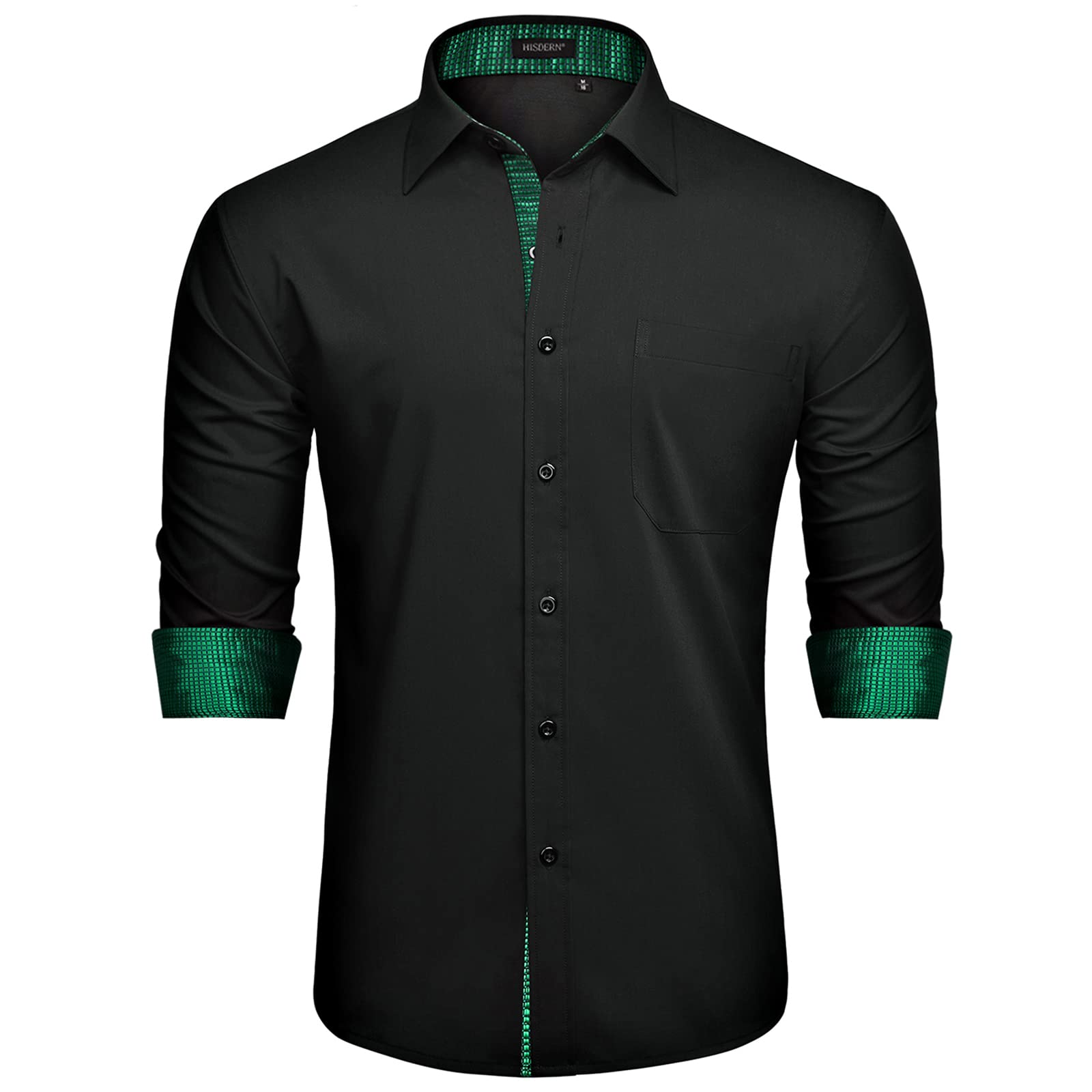 HISDERN Mens Black Dress Shirts Long Sleeve Button Down Shirt Inner Contrast Green Plaid Formal Business Tuxedo Shirt