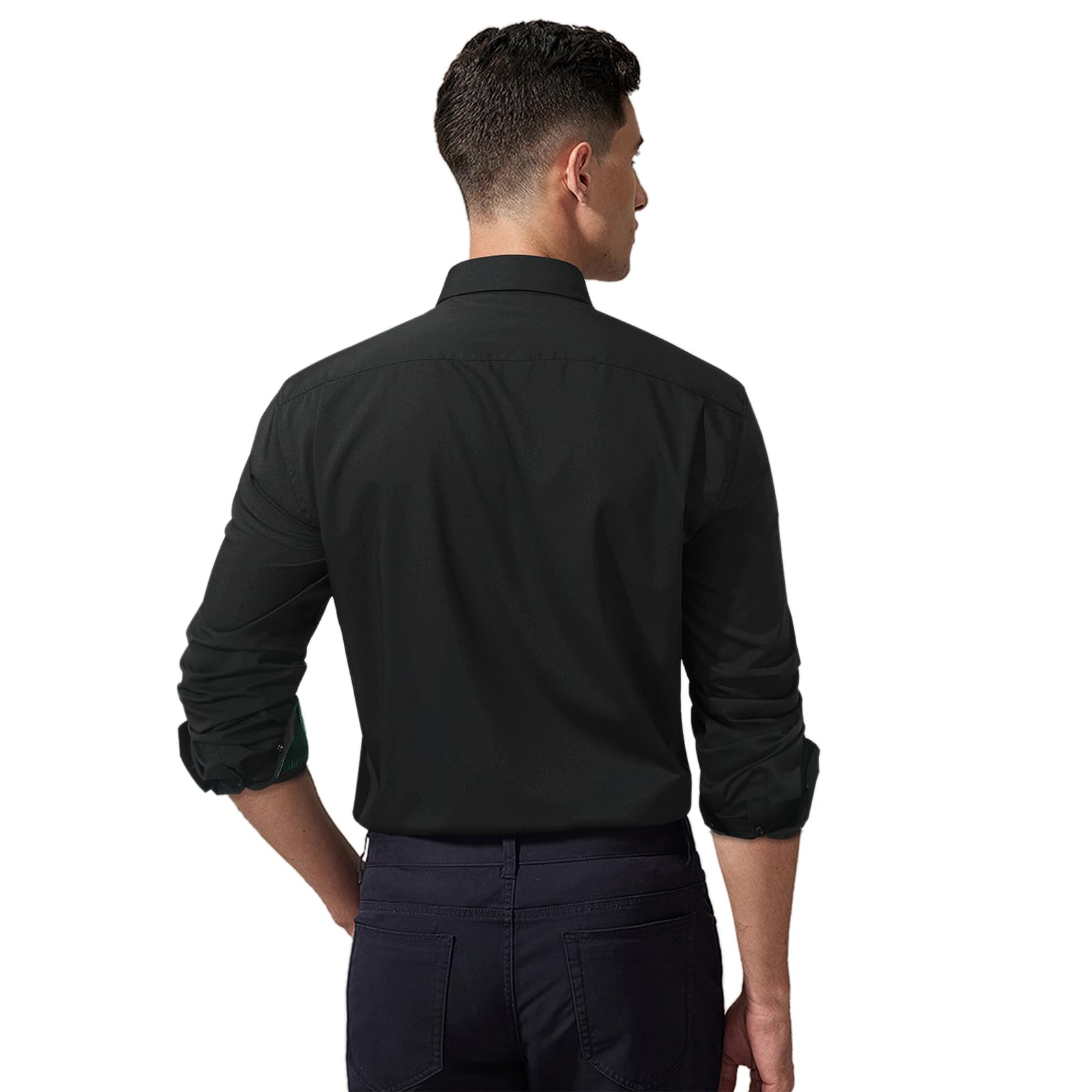 HISDERN Mens Black Dress Shirts Long Sleeve Button Down Shirt Inner Contrast Green Plaid Formal Business Tuxedo Shirt