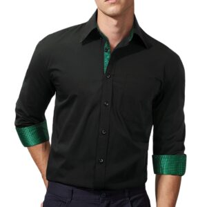 HISDERN Mens Black Dress Shirts Long Sleeve Button Down Shirt Inner Contrast Green Plaid Formal Business Tuxedo Shirt