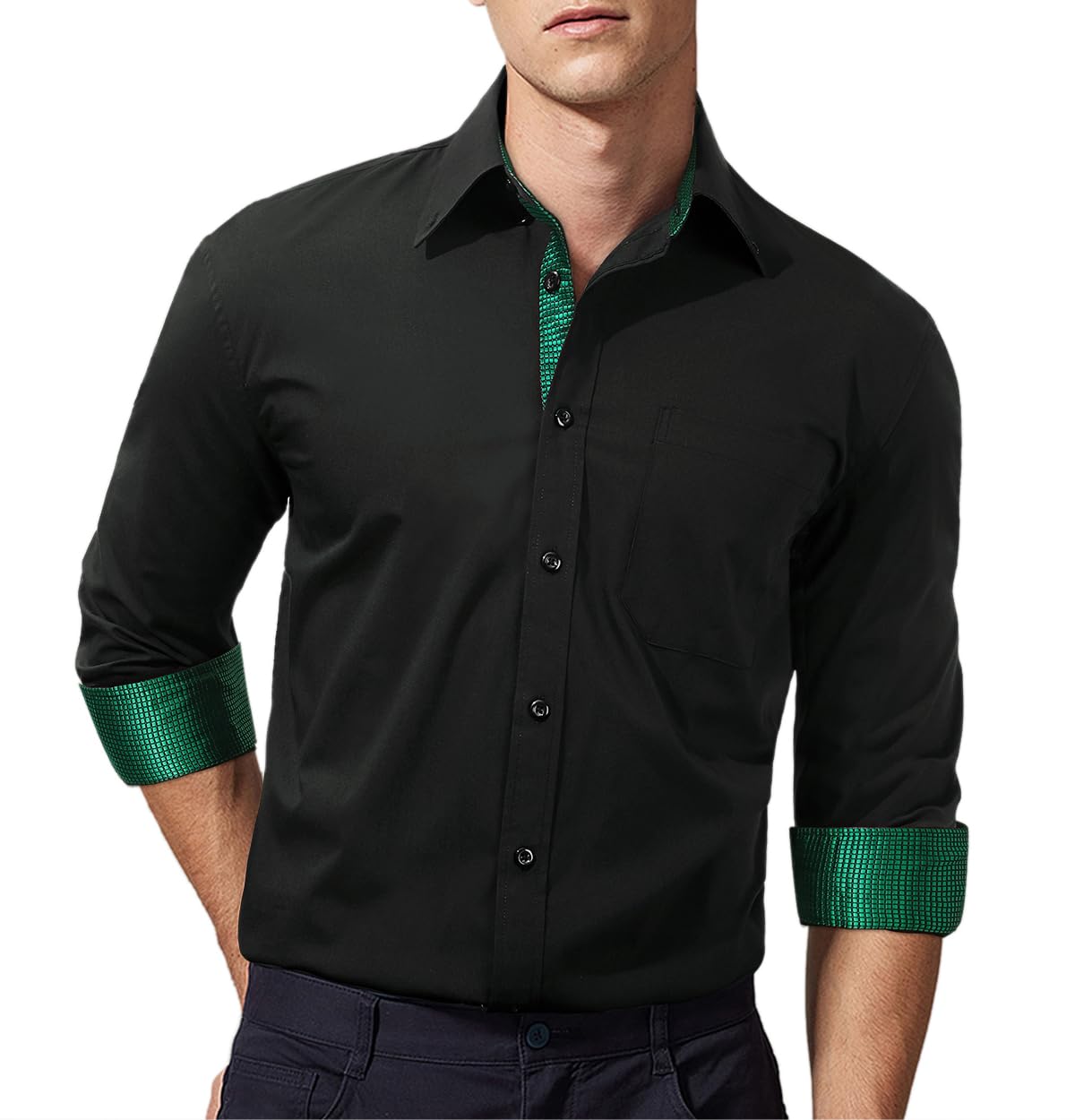 HISDERN Mens Black Dress Shirts Long Sleeve Button Down Shirt Inner Contrast Green Plaid Formal Business Tuxedo Shirt