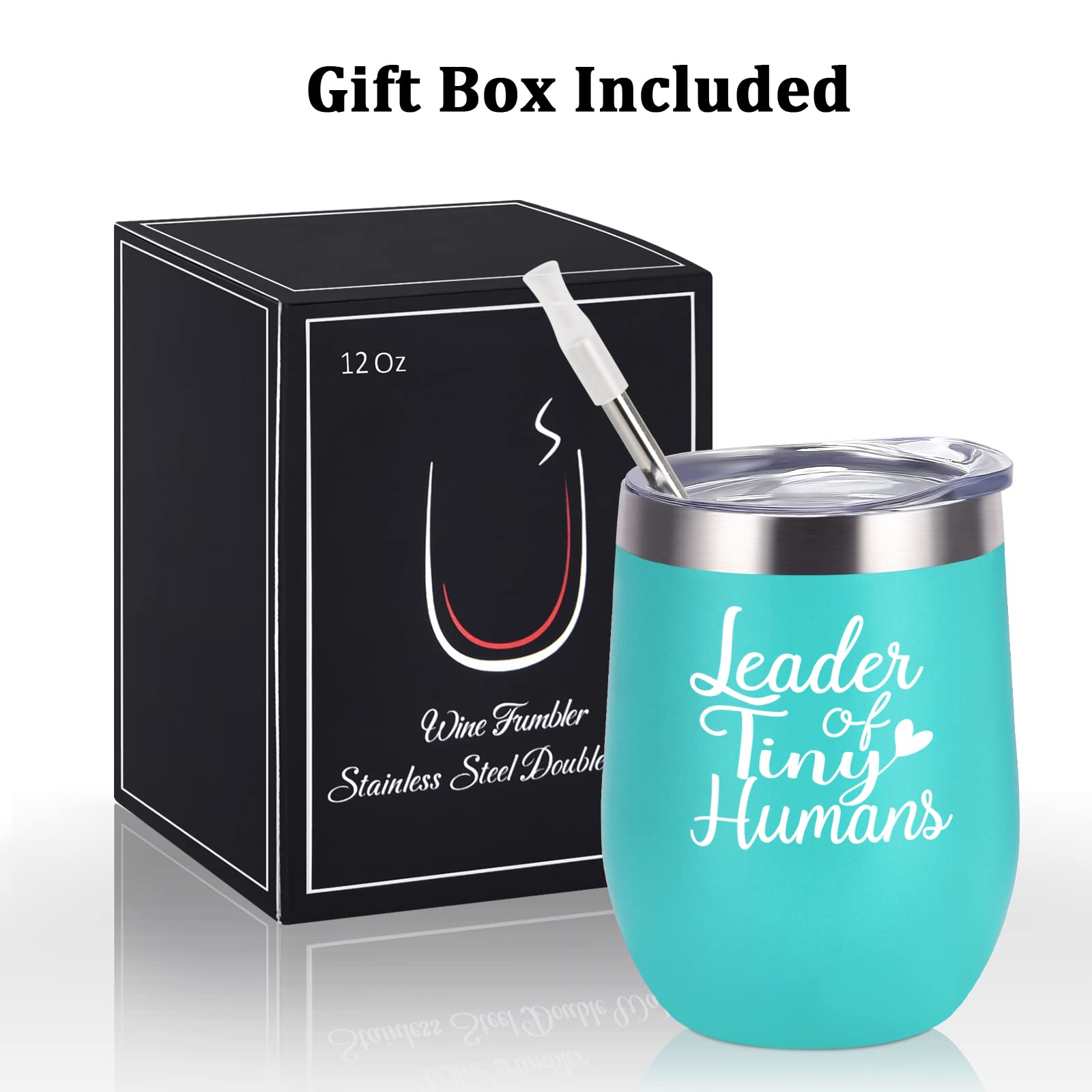 Teacher Appreciation Gifts for Women, Leader of Tiny Humans Stainless Steel Insulated Wine Tumbler with Lid, Christmas Birthday Teacher’s Day Thank You Gifts for Teacher Professor (12 Oz, Mint)