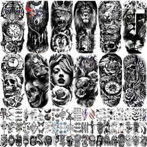 jeefonna 72 sheets temporary tattoo for men women adults, include 12 sheets large black 3d realistic tattoos half sleeve temporary tattoos, include black scary lion wolf tiger skull fake tattoos …